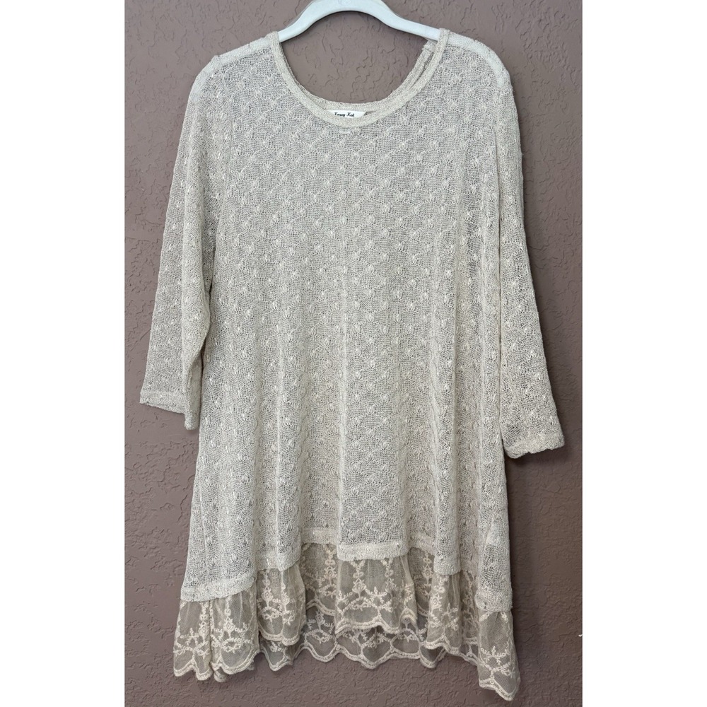 Krazy‎ Kat Lightweight Knit Sweater XXL Beige W/ Lace Trim 3/4 Sleeve Round Neck